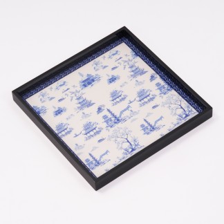 Khay sơn mài vuông họa tiết Đền xanh-  25.5x25.5 cm